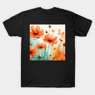 Orange Cosmos Flowers Pattern T-Shirt